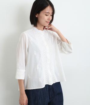 コットンラクノウ刺繍スタンドカラーブラウス(ホワイト-ONESIZE)