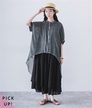 コットンピグメントダイイレヘムブラウス(ブラック-ONESIZE)