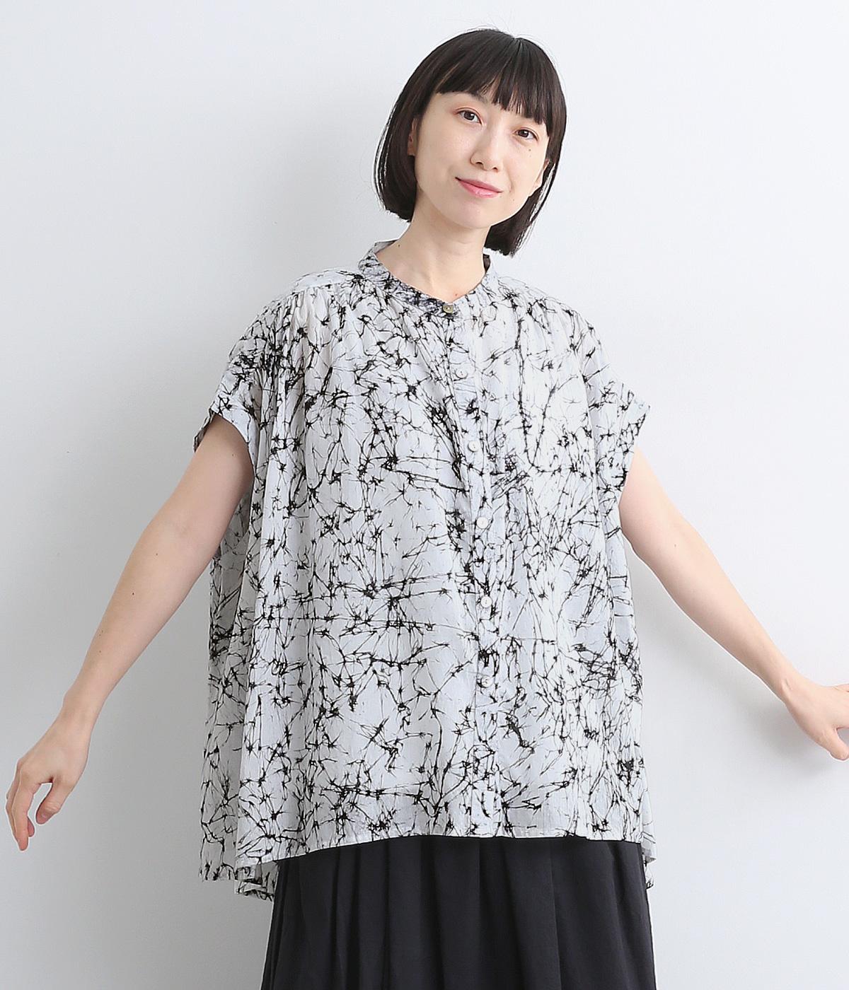 コットン2種ギャザーショートブラウス(カスレ柄-ONESIZE)