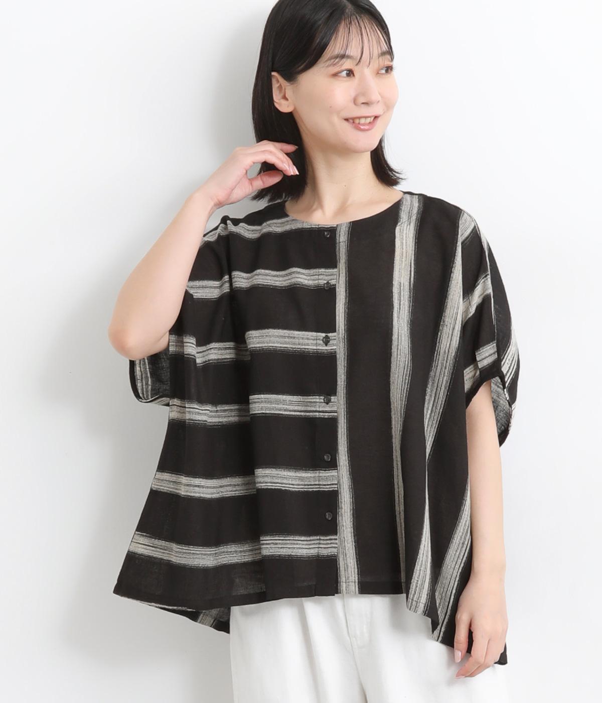 コットン手書きストライプ切り替えブラウス(ブラック-ONESIZE)