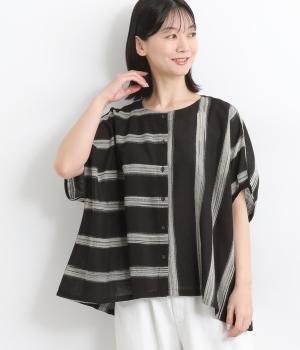 コットン手書きストライプ切り替えブラウス(ブラック-ONESIZE)