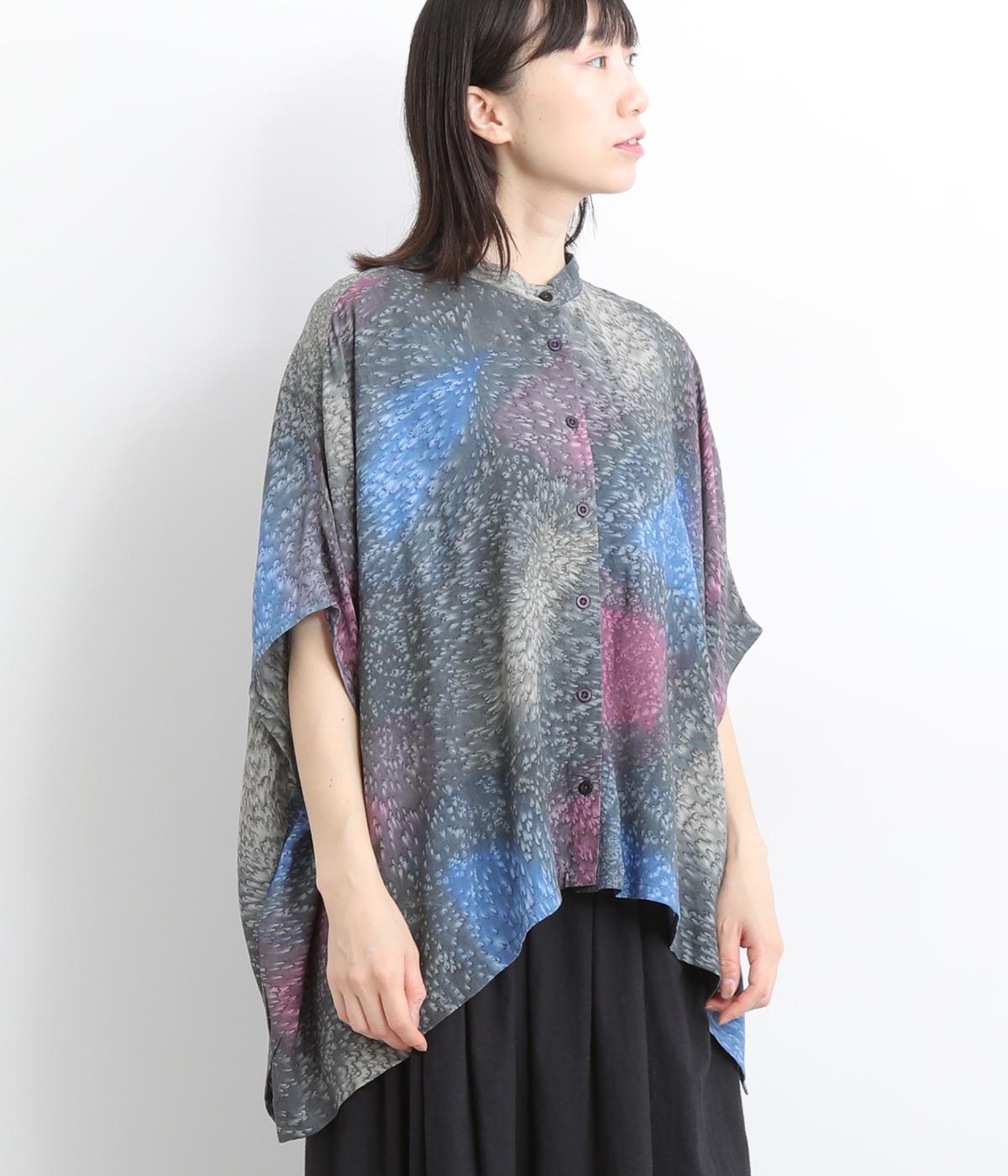 レーヨン手描きブラウス(ブルー系-ONESIZE)