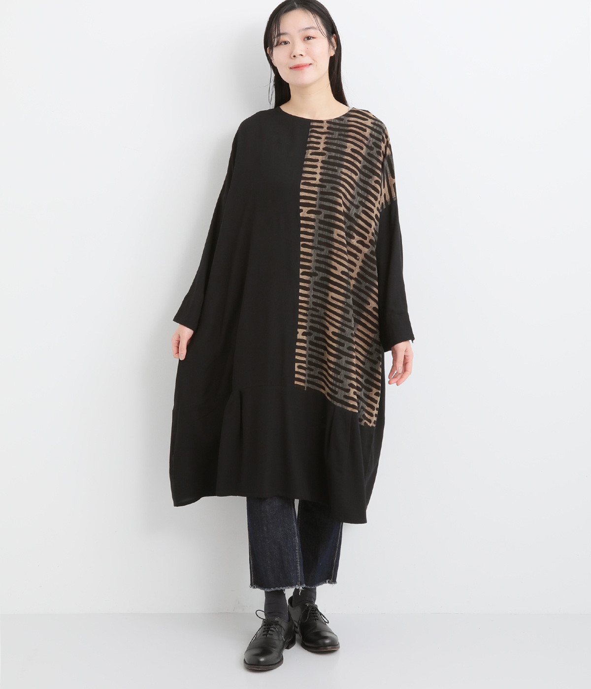 レーヨンブロックプリント無地コンビワンピース(ブラック-ONESIZE)