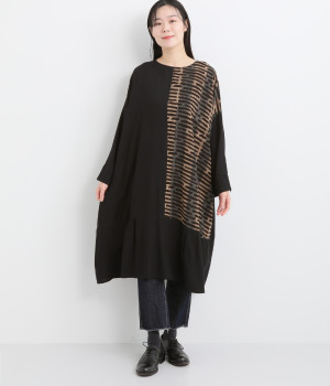 レーヨンブロックプリント無地コンビワンピース(ブラック-ONESIZE)