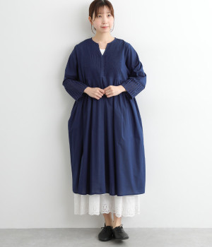 コットンピンタックレースワンピース(ブルー-ONESIZE)