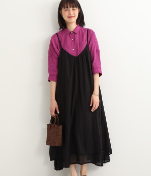 コットンクリンクル ボリュームキャミソールワンピース(ブラック-ONESIZE)