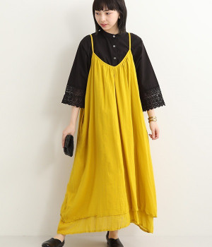 コットンクリンクル ボリュームキャミソールワンピース(イエロー-ONESIZE)