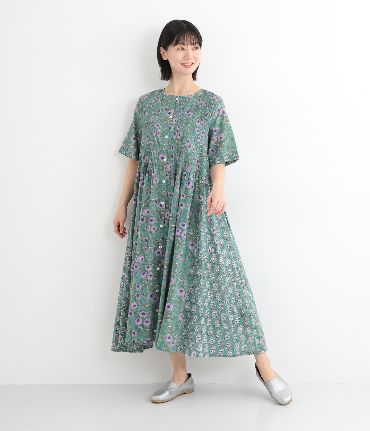 ラピドプリントピンタックワンピース(グリーン-ONESIZE)