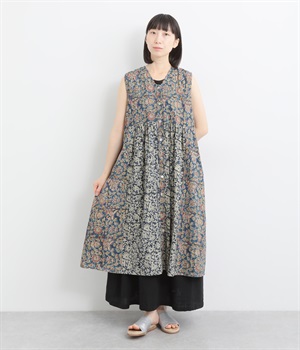 カラムカリプリントノースリーブワンピース(ブルー-ONESIZE)