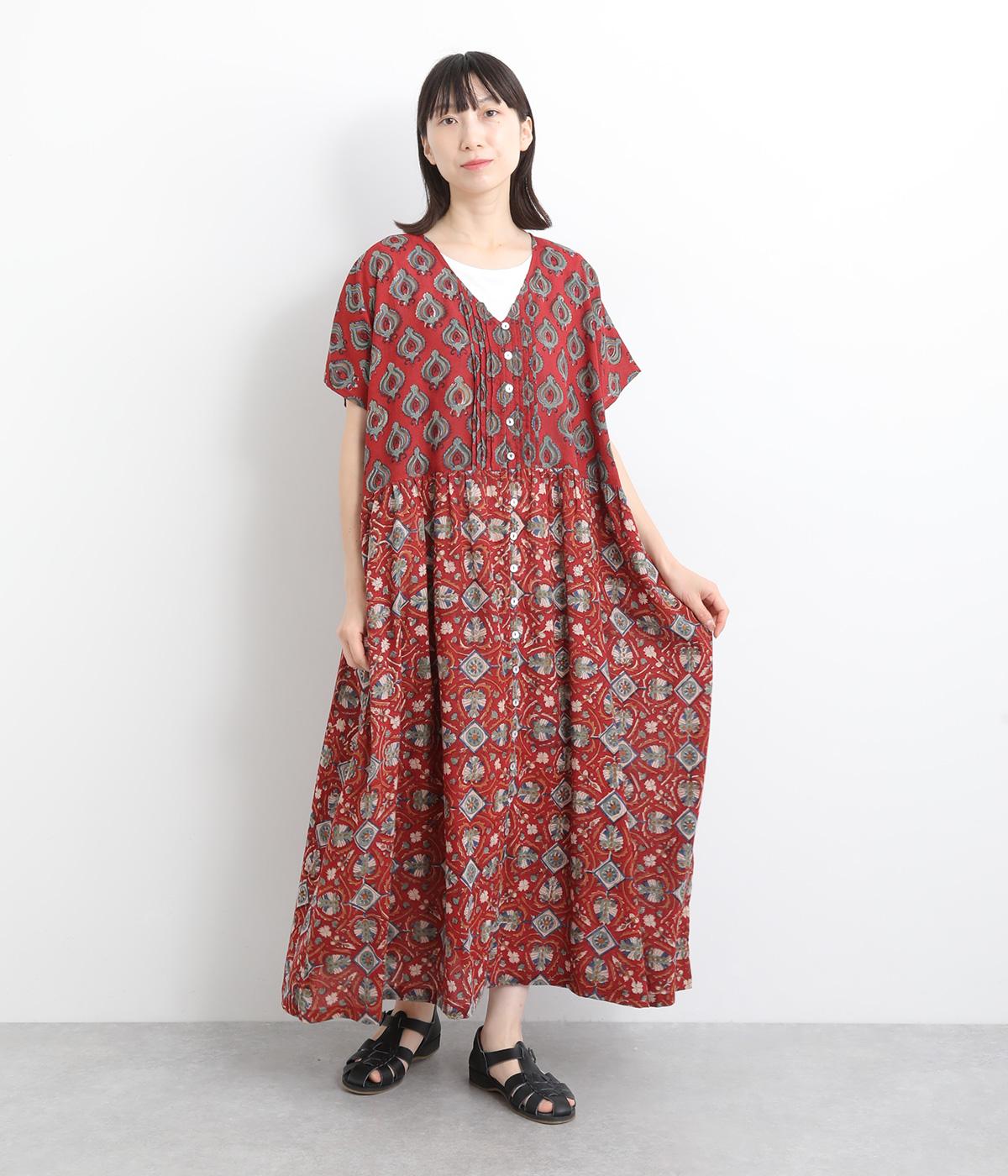 R59 南仏プロバンスプリント「ニョンス赤（茶系）」 レトロブロックプリントワンピース｜MALAIKA（マライカ）の商品詳細