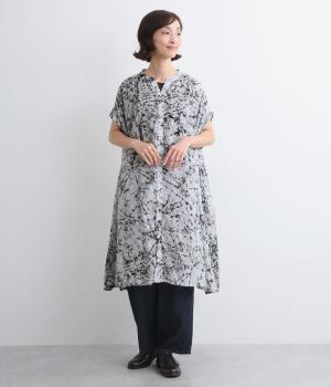 コットン2種ギャザーワンピース(カスレ柄-ONESIZE)