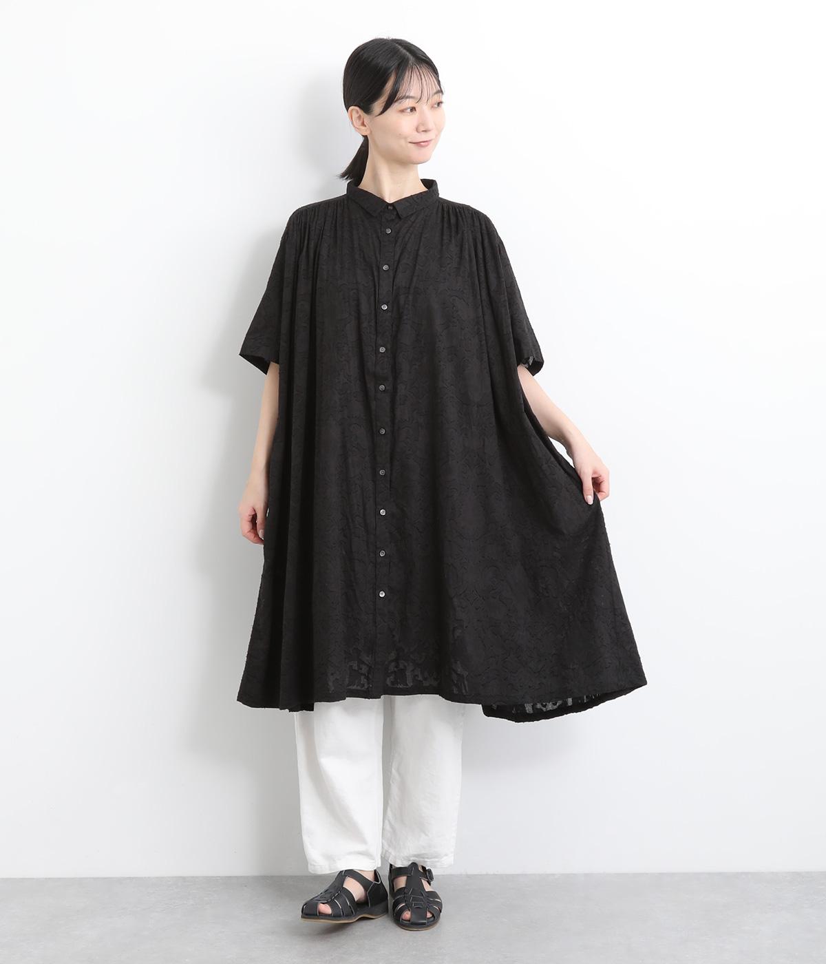 コットンフラワージャカードシャツワンピース(ブラック-ONESIZE)