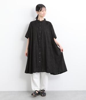 コットンフラワージャカードシャツワンピース(ブラック-ONESIZE)