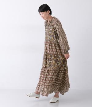 ブロックプリントティアードワンピース(茶系-ONESIZE)