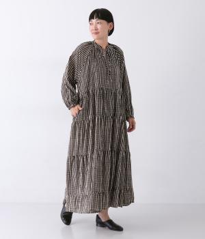 ブロックプリントティアードワンピース(ストライプ-ONESIZE)