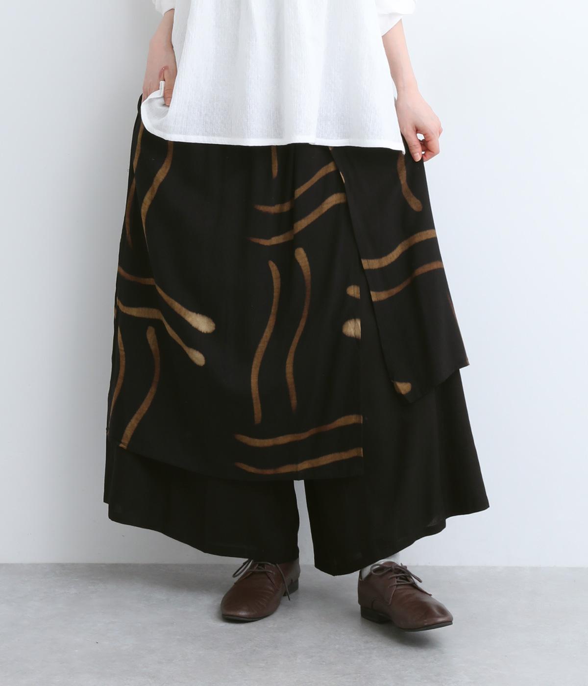 レーヨン手描きスカート付きパンツ(ブラック-F)