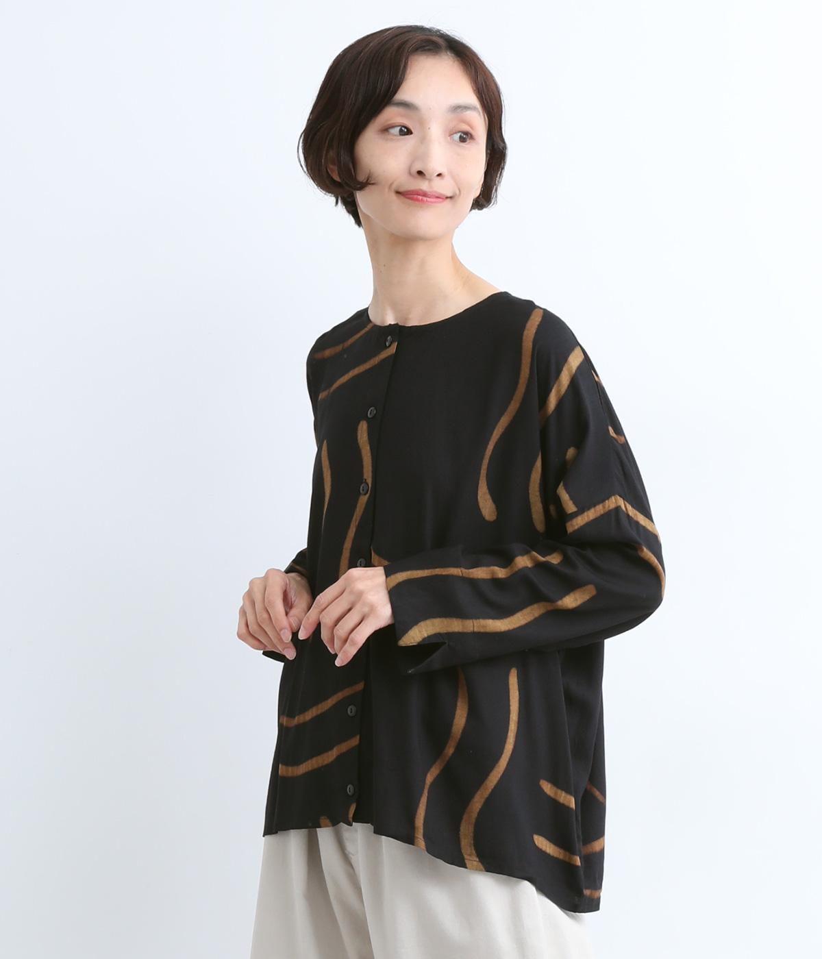 レーヨン手描きブラウス(ブラック-F)