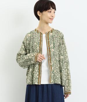 プリント×ポイント刺繍ブラウス(グリーン-F)