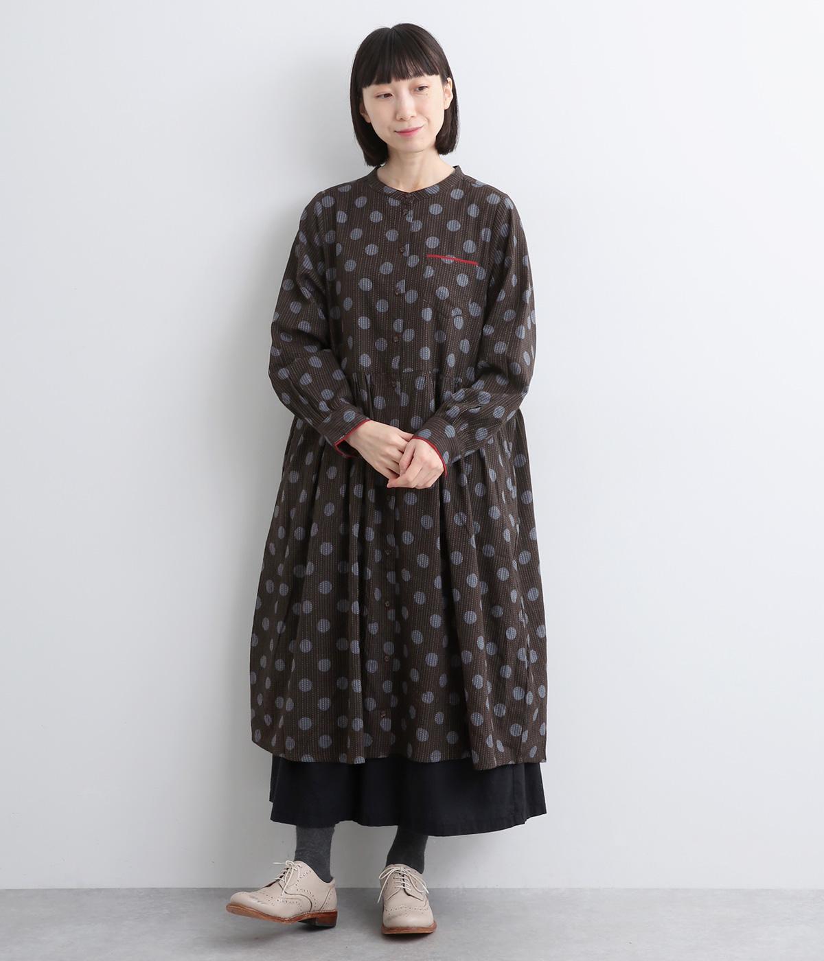 ステッチ×ドットブロックプリントロングワンピース(ブラック-F)