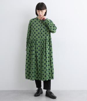 ステッチ×ドットブロックプリントロングワンピース(グリーン-F)