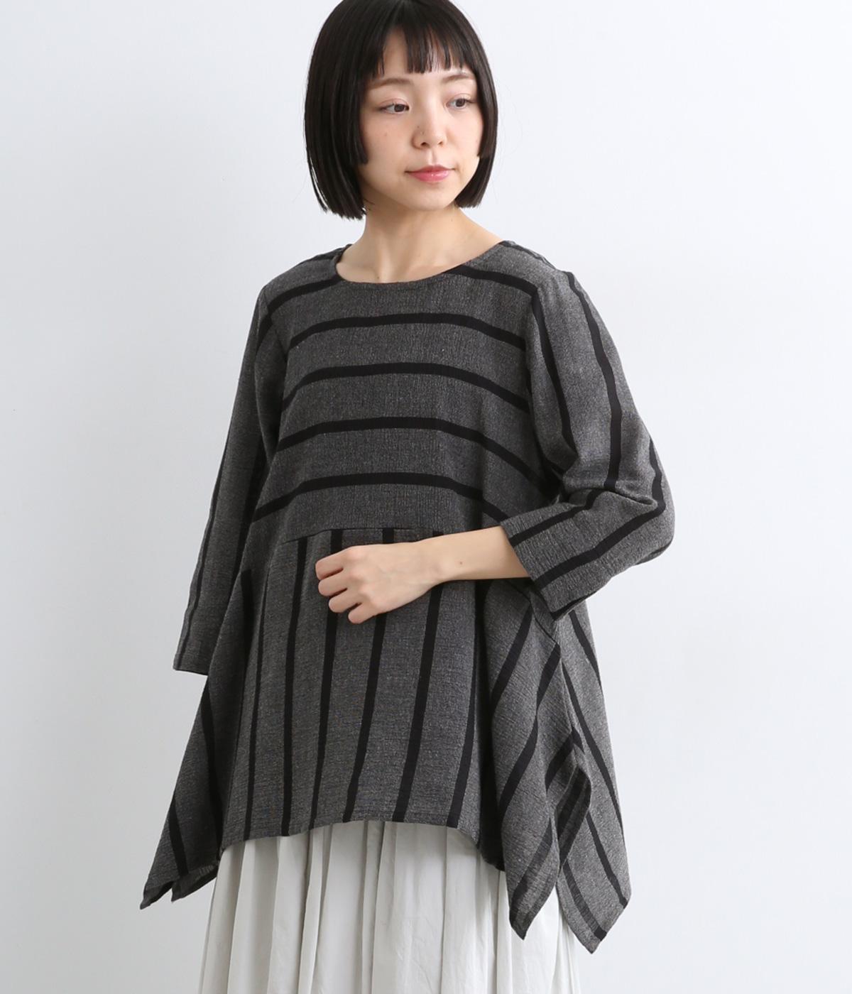 ストライプ織　イレヘムプルオーバー(ブラック-F)
