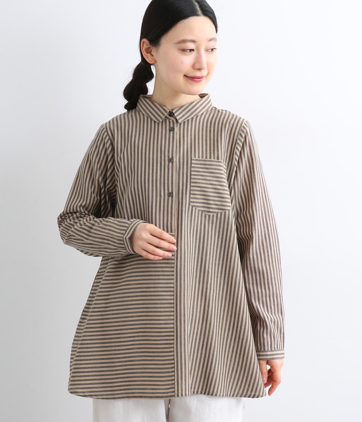 ストライプ切替　ヘンリーシャツ(ブラック-F)