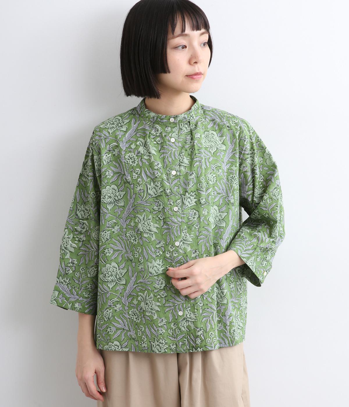 フラワーブロックプリント　ブラウス(グリーン-F)