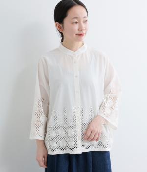 コットン裾レースブラウス(ホワイト-F)