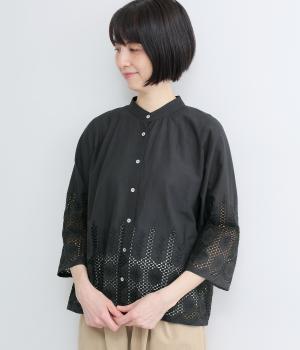 コットン裾レースブラウス(ブラック-F)