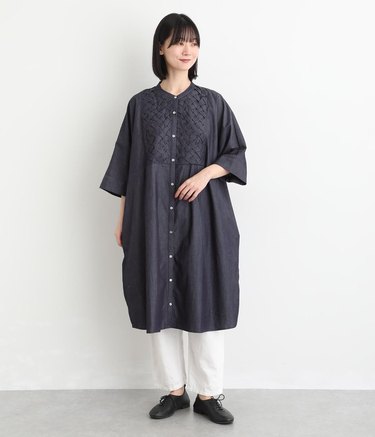 デニム　スモッキングワンピース(ネイビー-F)