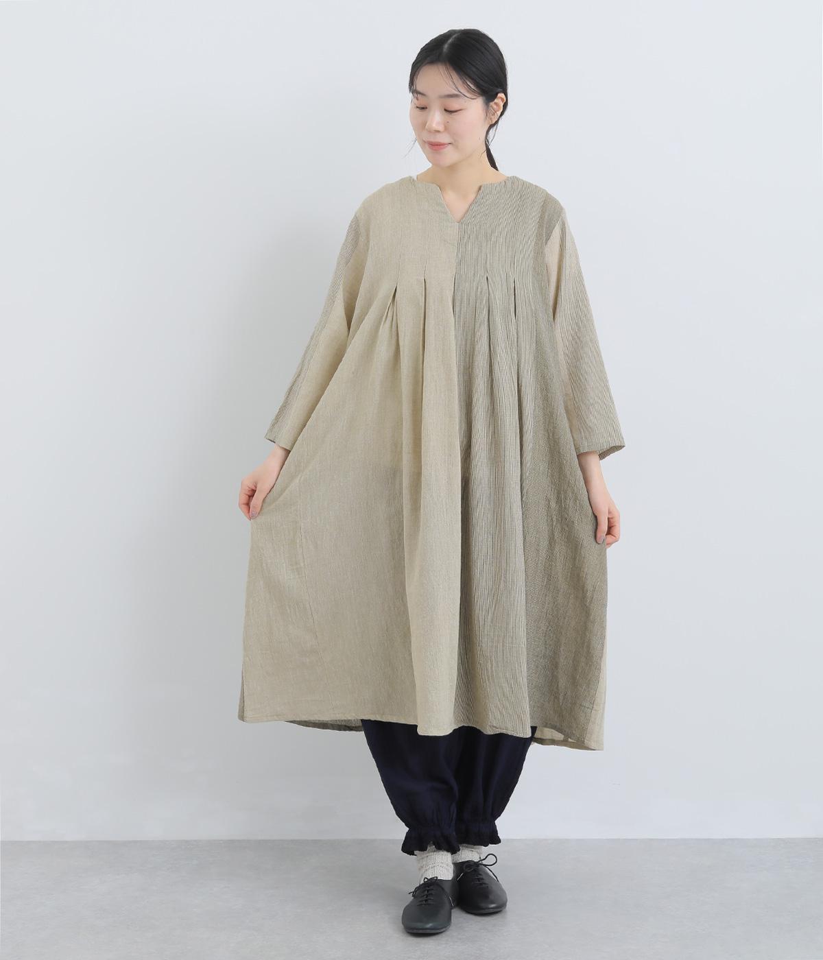 カディーストライプ切替　タックワンピース(ベージュ-F)