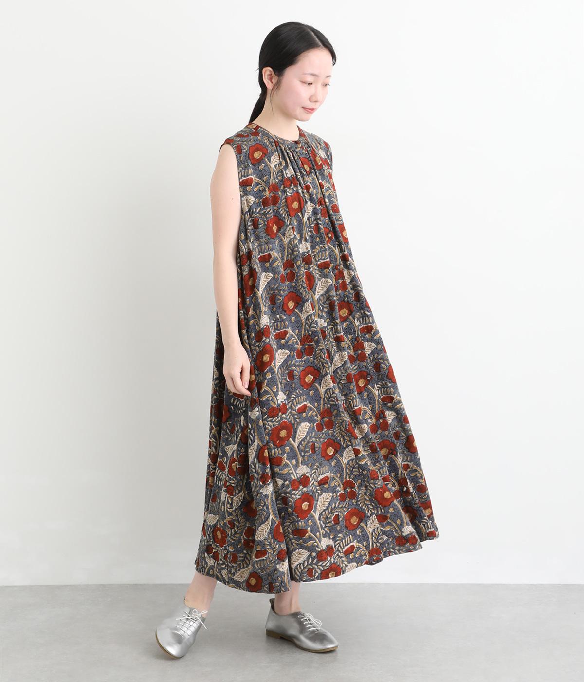 バグルー花プリントノースリーブワンピース(ネイビー-F)