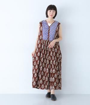 バイカラーフラワプリントノースリーブワンピース(ブラウン-F)