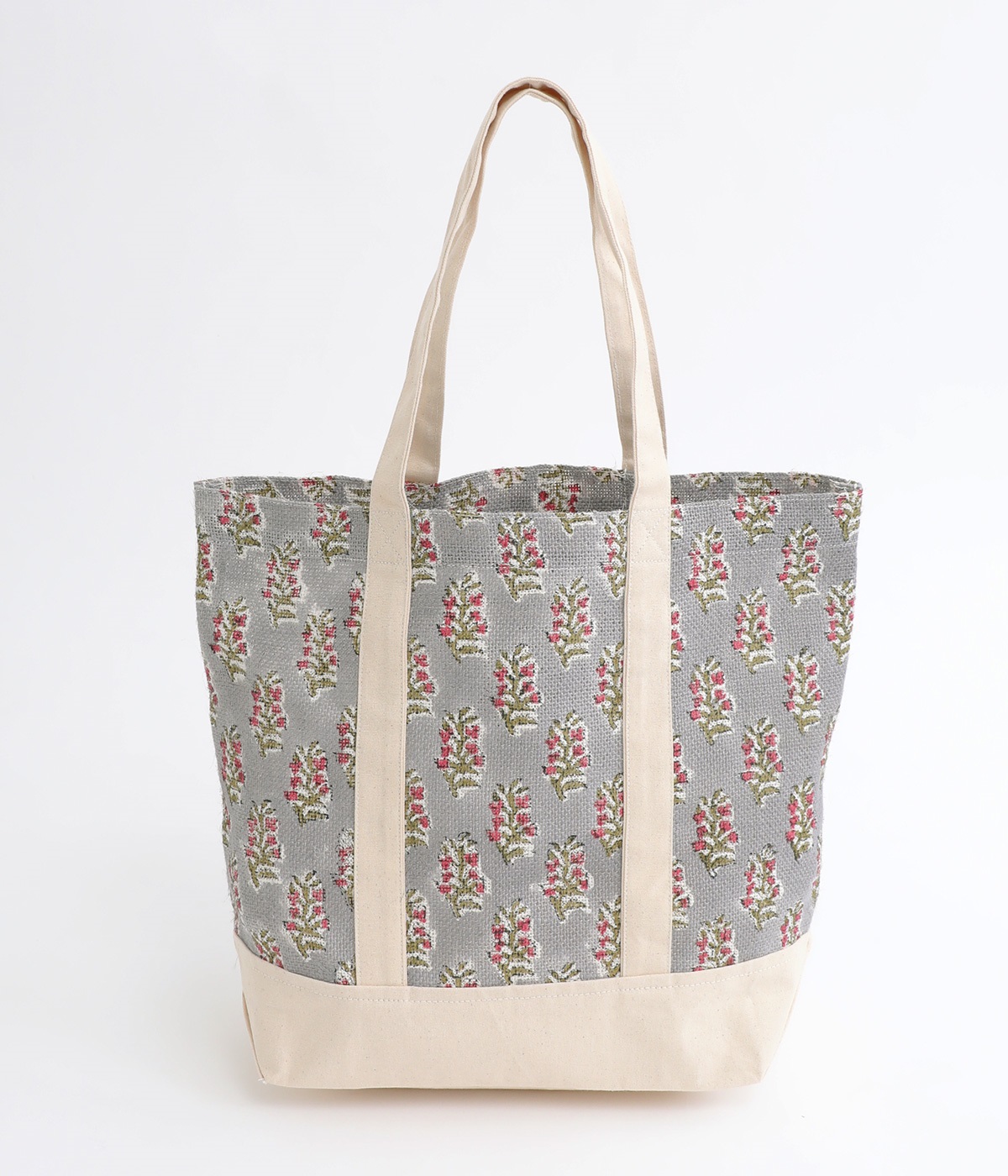 ブロックプリントジュートスクエアバッグ(グレー×レッドフラワー-ONESIZE)