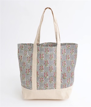 ブロックプリントジュートスクエアバッグ(グレー×レッドフラワー-ONESIZE)