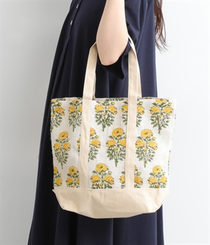 ブロックプリントジュートスクエアバッグ(ホワイト×イエローフラワー-ONESIZE)