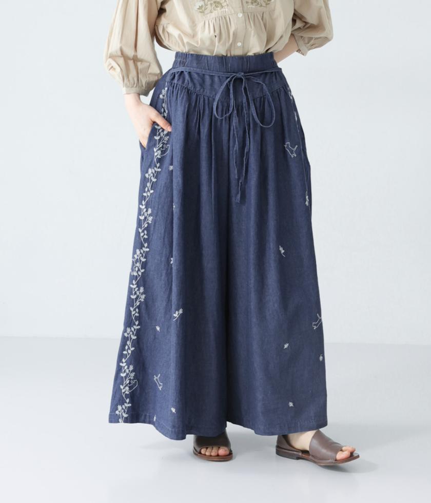 コットンデニムサイドライン刺繍ケディワイドパンツ