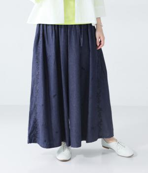 コットンデニムサイドライン刺繍ケディワイドパンツ(ネイビー-F)