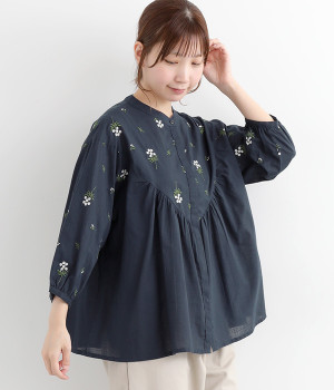 コットンスラブアンミブラウス(ネイビー-ONESIZE)