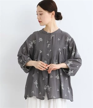 コットンリネンフラックスボイルテトラプテラブラウス(グレー-ONESIZE)