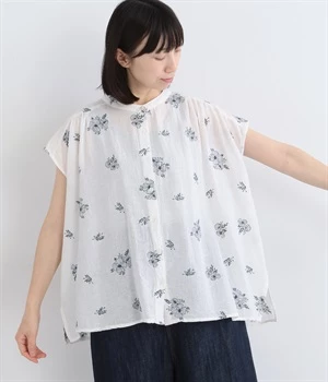 コットンリネンフラックスボイルテトラプテラフレンチブラウス(ホワイト-ONESIZE)