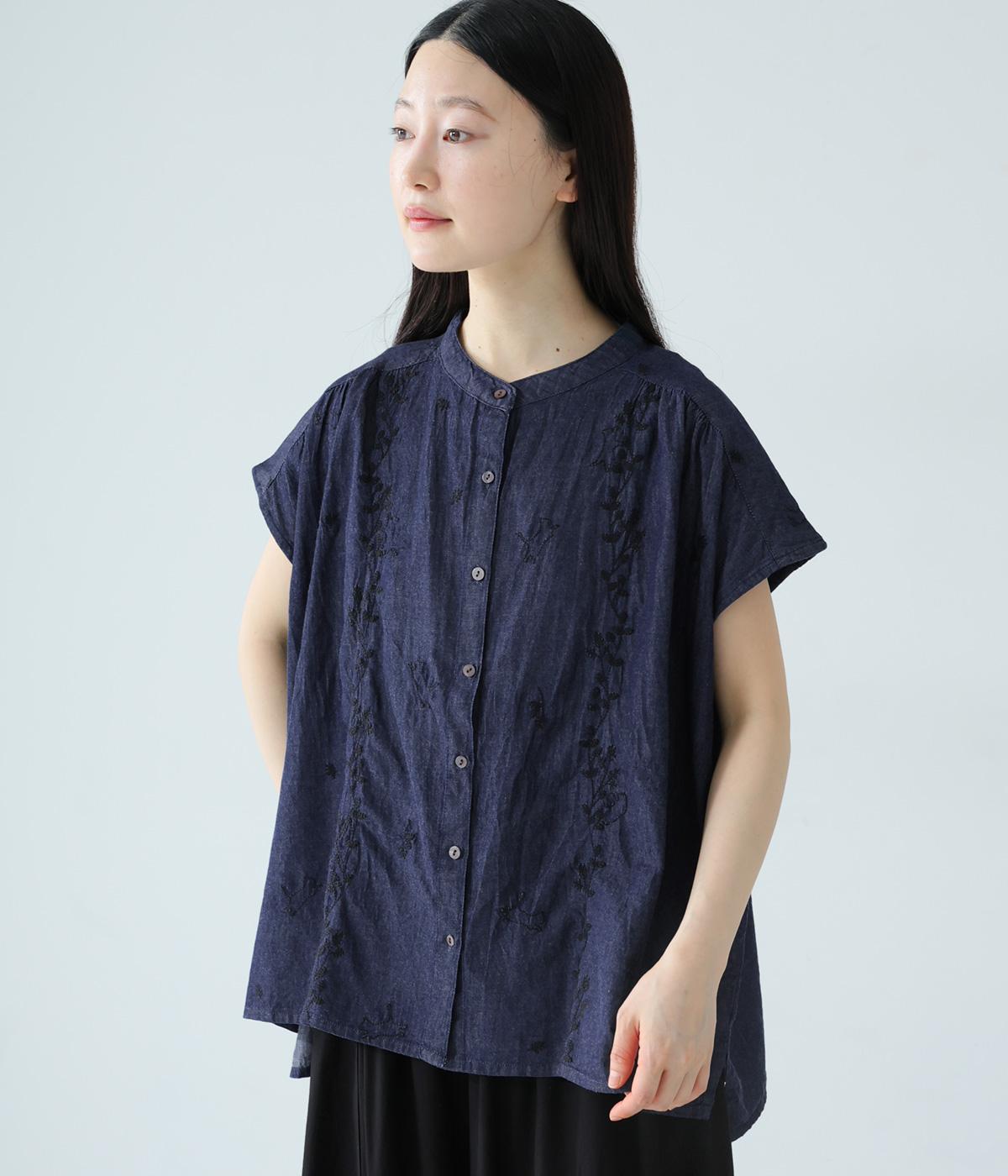 コットンデニム刺繍ケディブラウス(ネイビー-F)