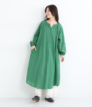 コットンキャンブリックシフリーワンピース(グリーン-ONESIZE)