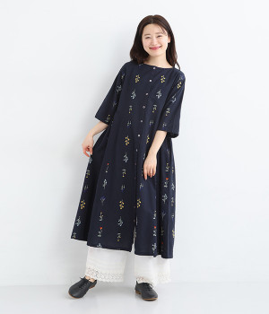 コットンフラックスフルールワンピース(ネイビー-ONESIZE)