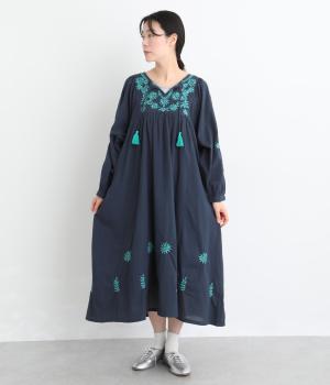 コットンキャンブリックナザーカト裏地付きワンピース(ネイビー-F)