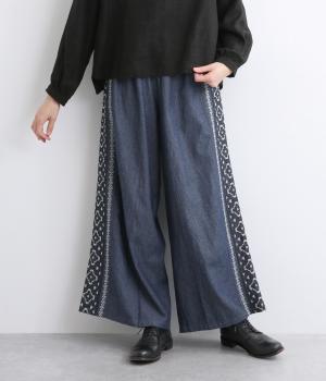 コットンデニムエンブシャツサイドラインパンツ