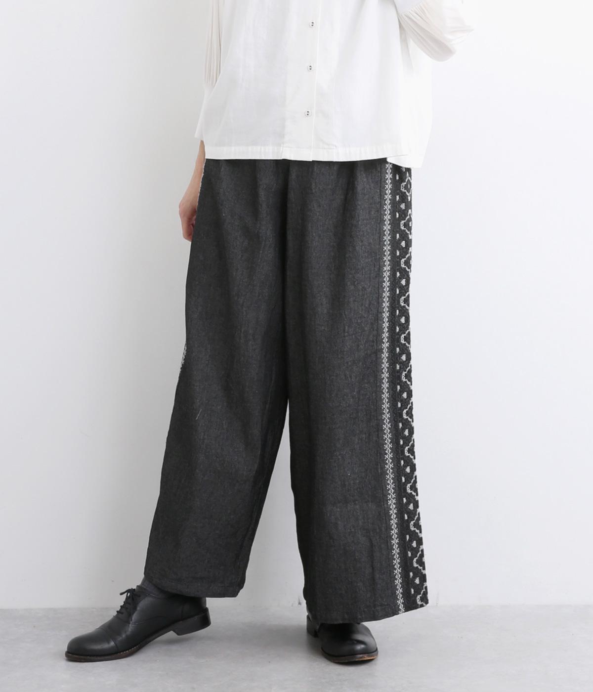 コットンデニムエンブシャツサイドラインパンツ(ブラック-ONESIZE)