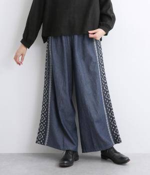コットンデニムエンブシャツサイドラインパンツ(ネイビー-ONESIZE)