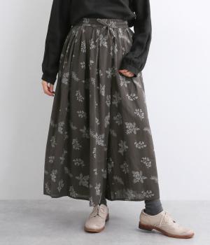 コットンリネンフラックスリーフプリントパンツ(チャコール-ONESIZE)