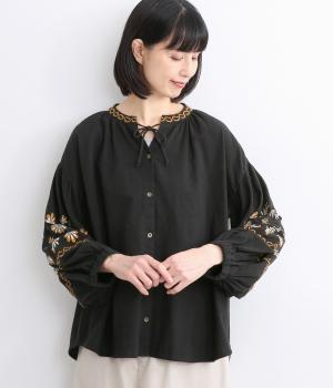 コットンクリンプブラウス(ブラック-ONESIZE)